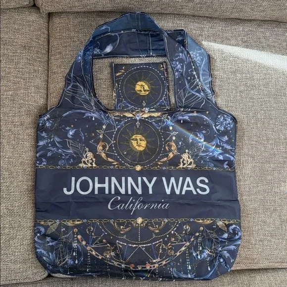 Johnny Was California Reusable Shopping Bag Tote Blue Gold Moon Packable New - Picture 3 of 12